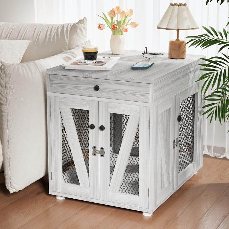 Furniture-Style Wooden Dog Crate End Table with USB Charging, Storage Drawer & Double Latch β For Medium Dogs up to 40 lbs