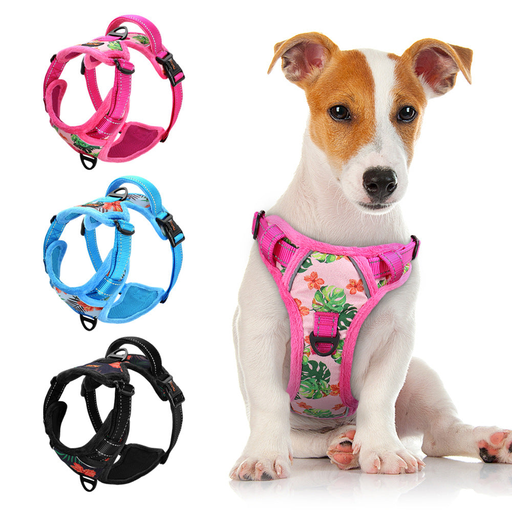 Reflective Padded Dog Harness+Leash Set with Floral Print