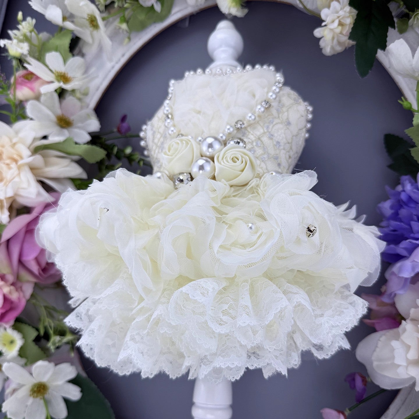 Handmade Luxury Pearl & Rose Lace Pet Dress