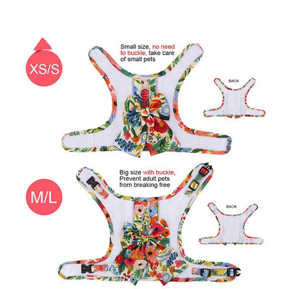 Floral Bow Mesh Dog Harness Dress with Leash