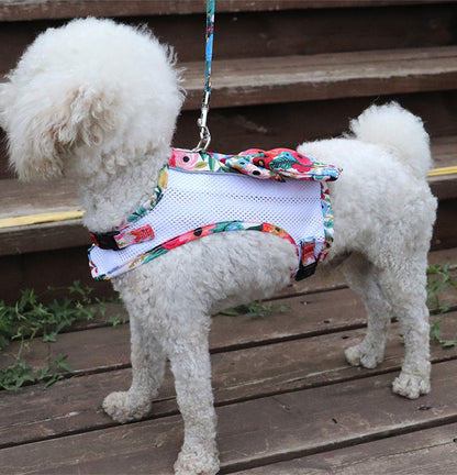 Floral Bow Mesh Dog Harness Dress with Leash