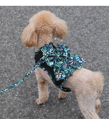 Floral Bow Mesh Dog Harness Dress with Leash