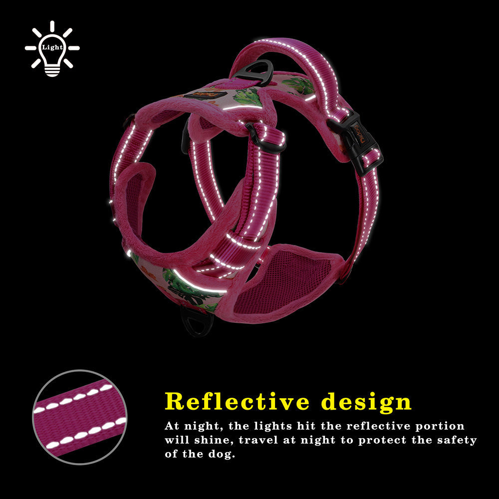 Reflective Padded Dog Harness+Leash Set with Floral Print
