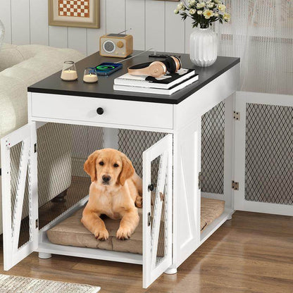 Furniture-Style Wooden Dog Crate End Table with USB Charging, Storage Drawer & Double Latch – For Medium Dogs up to 40 lbs